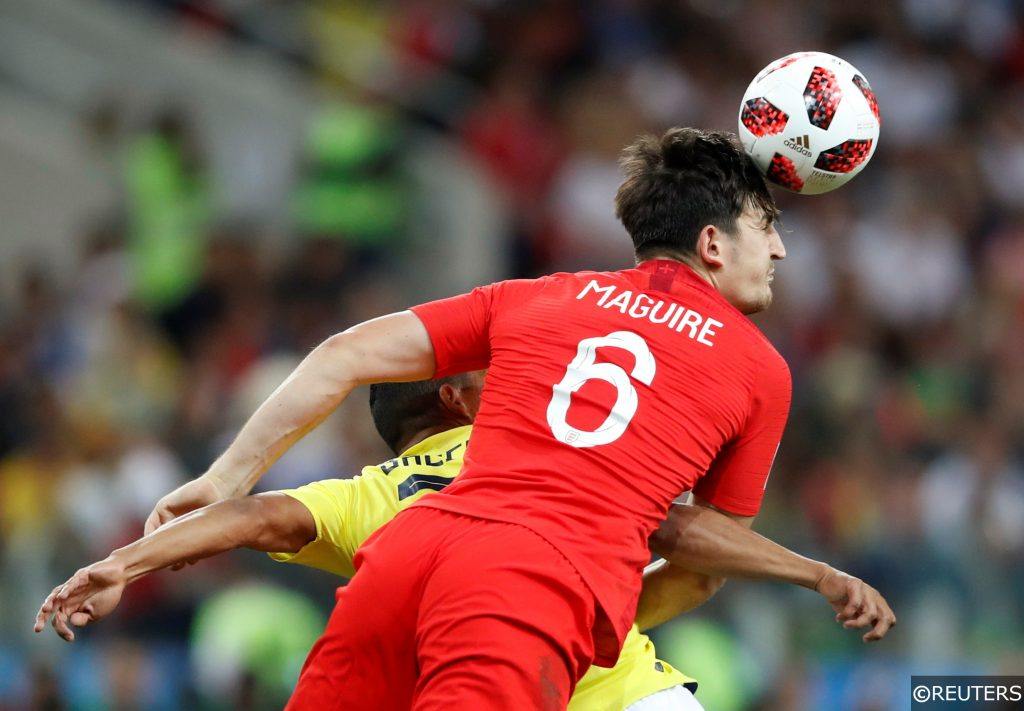 Harry Maguire for England against Colombia at the World Cup