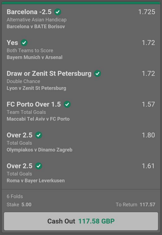 22/1 Champions League Acca Wins!