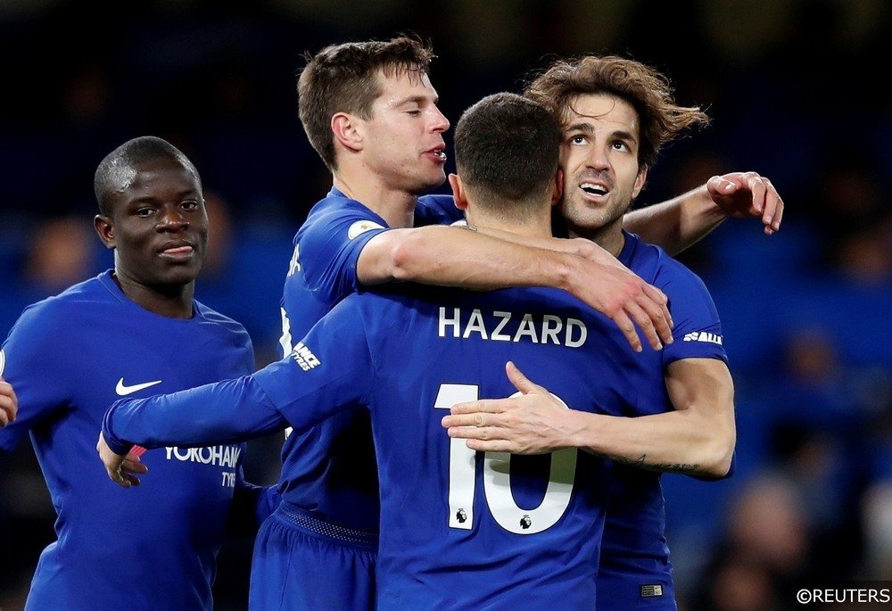 Chelsea players celebrate. Hazard, Fabregas, Kante and Azpilicueta