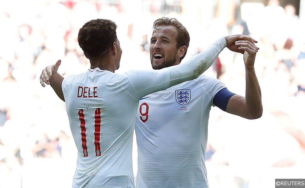 Kane and Alli celebrate an England goal vs Nigeria in 2018