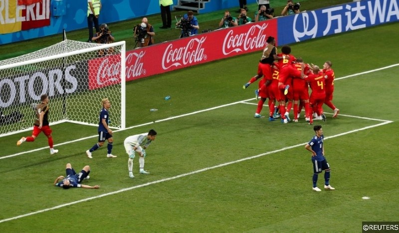 Belgium celebrate their winner against Japan in the Last 16 of the 2018 World Cup