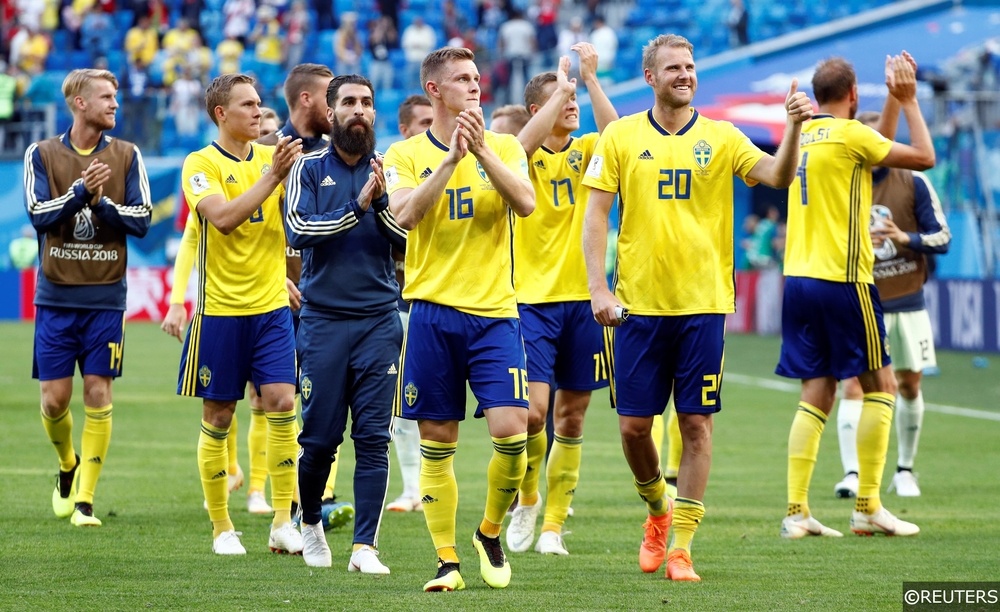 Sweden players celebrate their Last 16 win at the World Cup