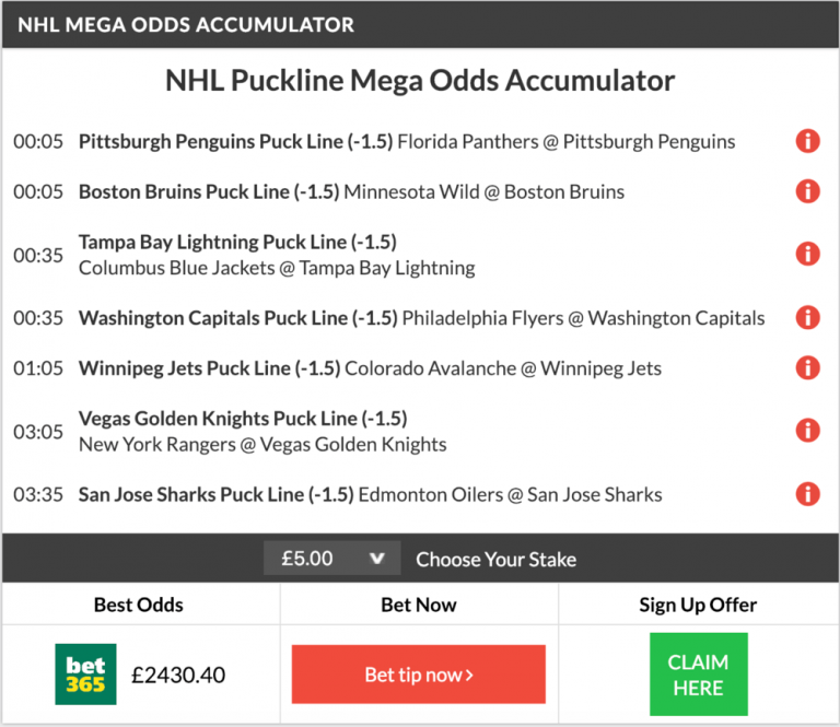 485/1 NHL Mega Odds, 17/1 Acca & Double all land on Tuesday night!!