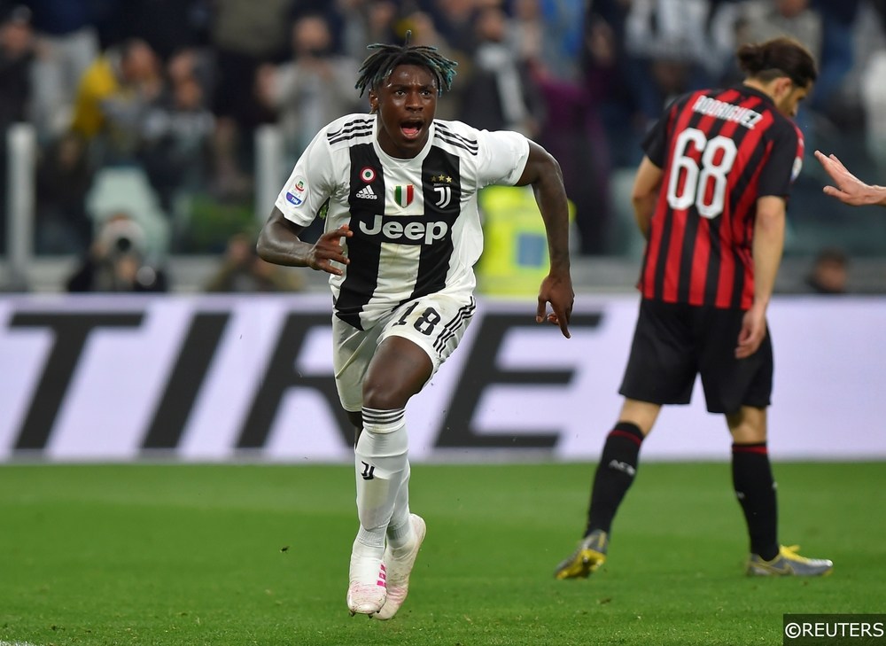 Juventus forward Moise Kean celebrates scoring in Serie A