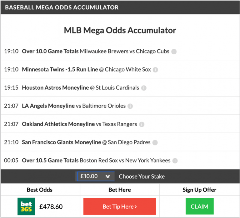 47/1 MLB Mega Accumulator lands on Sunday night!