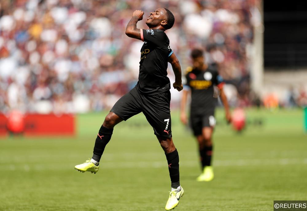 Raheem Sterling celebrates scoring vs West Ham