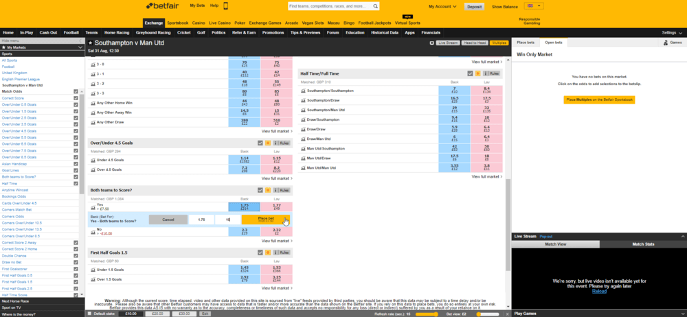 Betfair Exchange placing a back bet