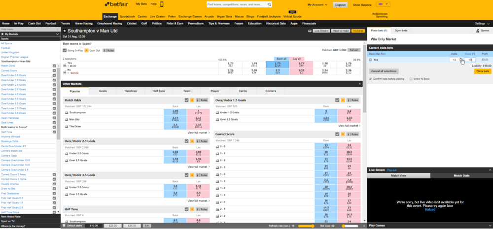 Betfair Exchange placing a back bet