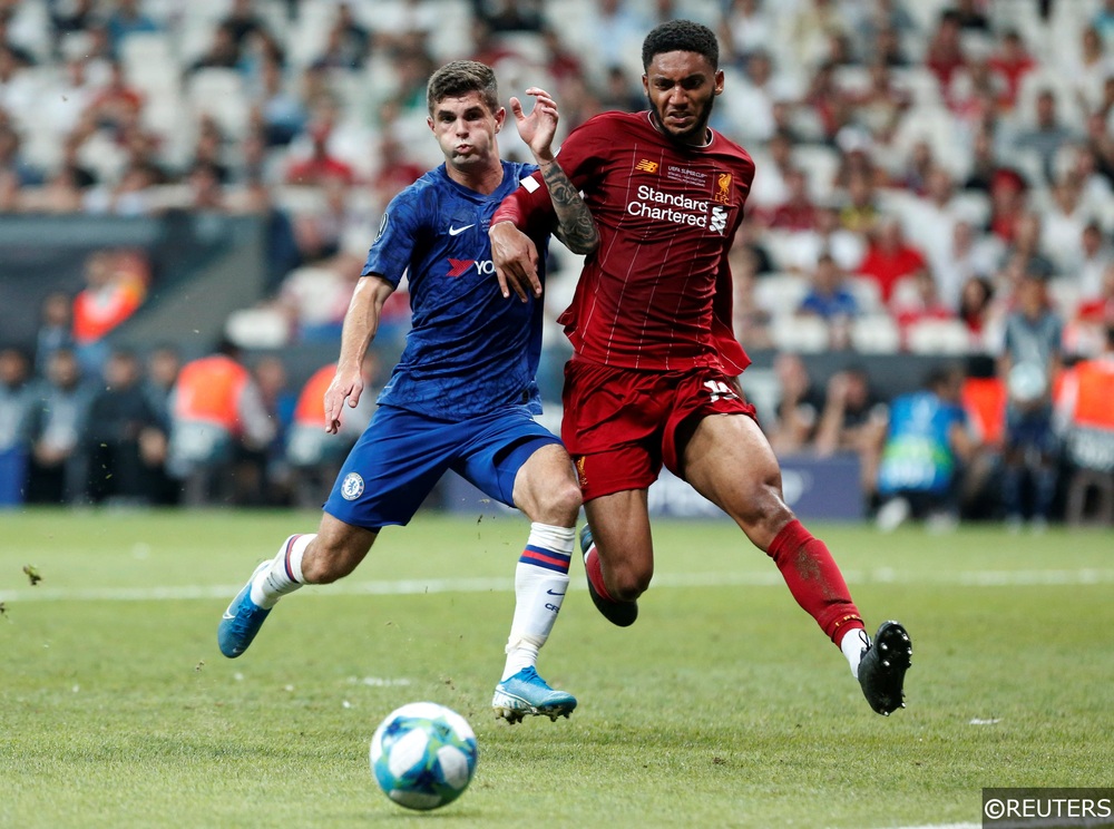 Chelsea's Christian Pulisic in action with Liverpool's Joe Gomez at the Super Cup