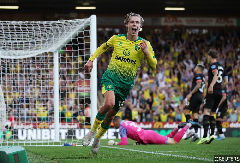 Norwich City's Todd Cantwell celebrates after scoring against Man City