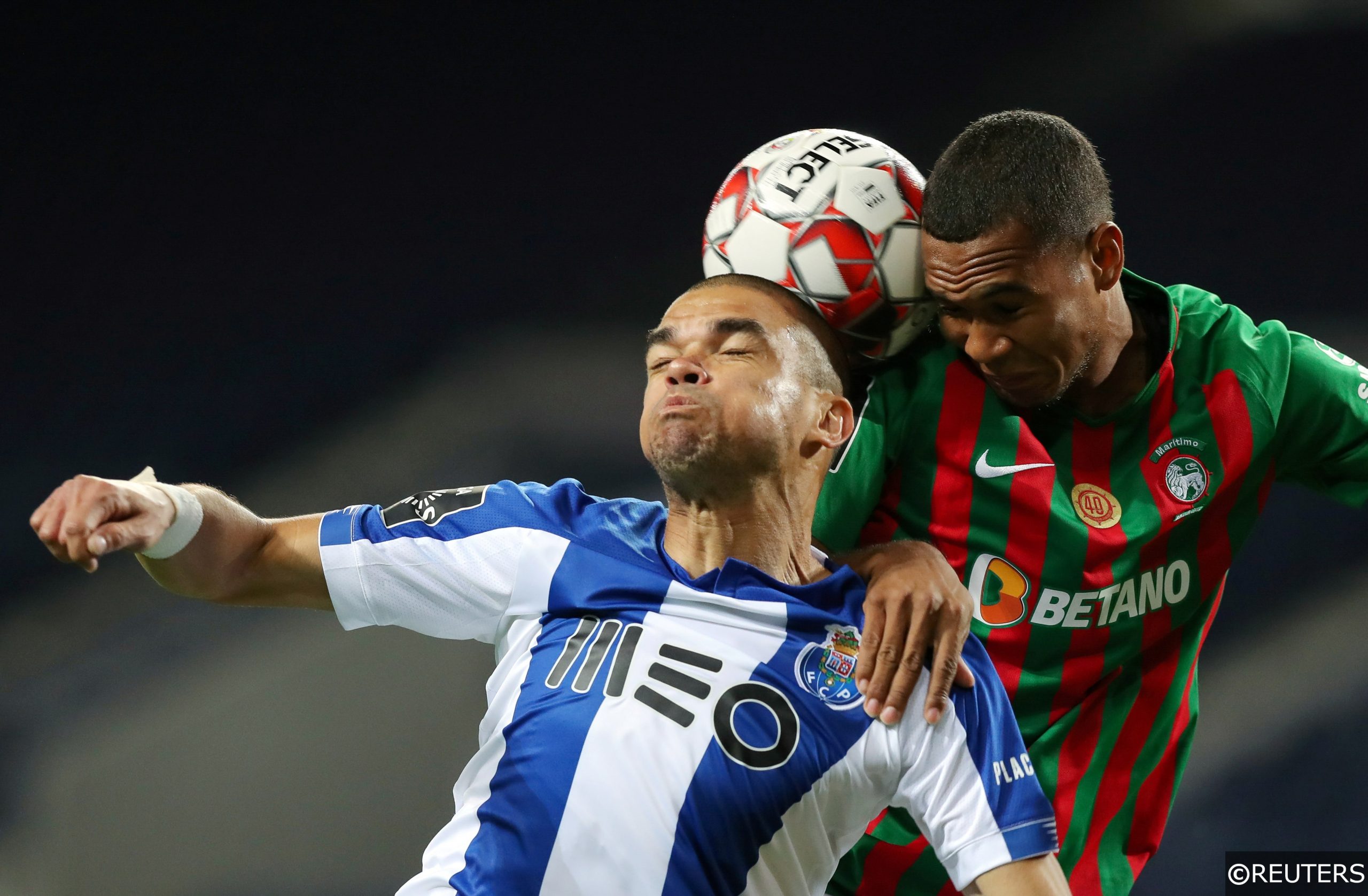 Porto's Pepe and Maritimo's Diego Moreno challenge to head the ball