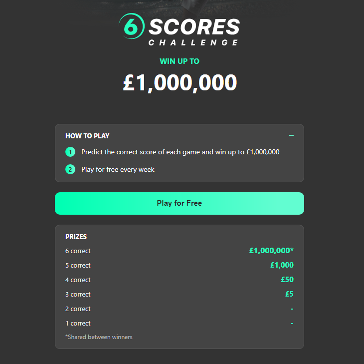 Predict six correct scores to win up to £1million each week with bet365's 6  Score Challenge