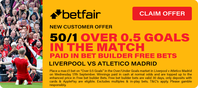 50/1 Over 0.5 Goals In the Match (Paid in Bet Builder Free Bets)
