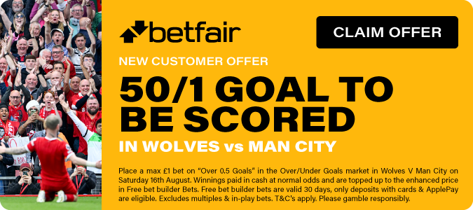 50/1 A Goal To Be Scored In Wolves Vs Man City