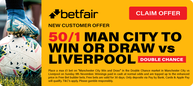 50/1 Man City To Win OR Draw V Liverpool