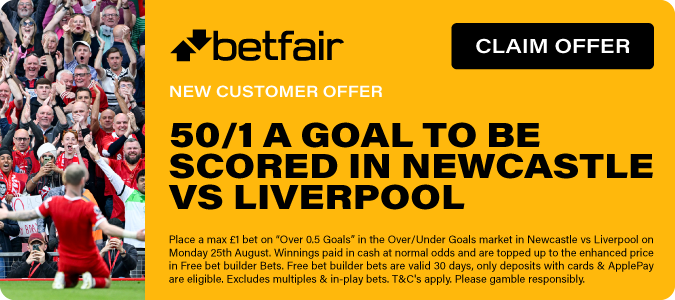 50/1 A Goal To Be Scored In Newcastle Vs Liverpool