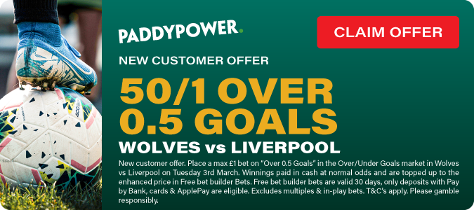 Get 50/1 A Goal To Be Scored Wolves vs Liverpool