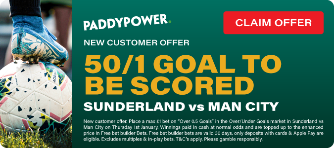 50/1 Goal To Be Scored In Sunderland V Man City