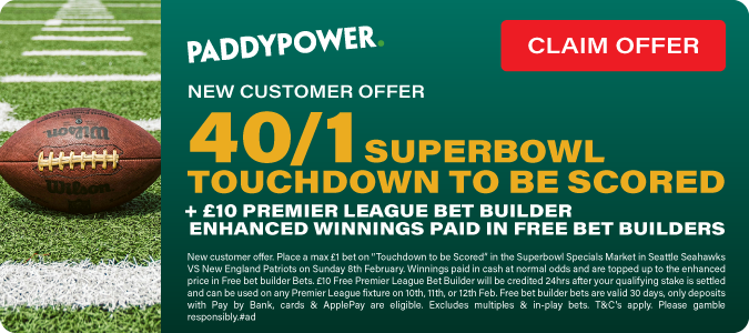 40/1 Touch Down To Be Scored Between Seattle Seahawks Against New England Patriots + £10 Premier League Bet Builder
