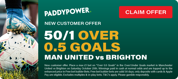 50/1 Goal To Be Scored In Man U v Brighton