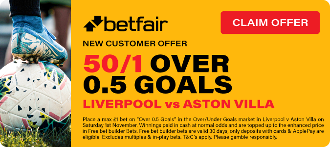 50/1 Goal To Be Scored In Liverpool V Aston Villa