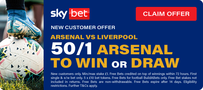50/1 Arsenal To Win OR Draw vs Liverpool 