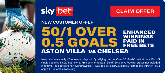 50/1 A Goal To Be Scored In Aston Villa v Chelsea