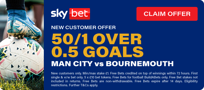50/1 Goal To Be Scored In Man City V Bournemouth