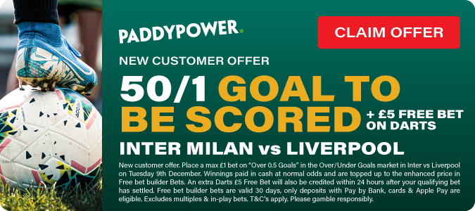50/1 Goal To Be Scored In Inter Milan V Liverpool + £5 Free Darts Bet