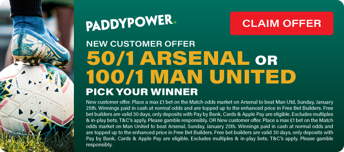 50/1 Arsenal V 100/1 Man United - Pick Your Winner