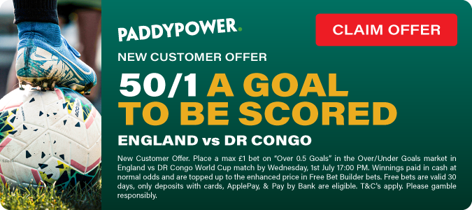 50/1 A goal to be scored England vs DR Congo