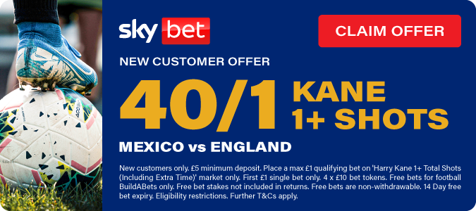 40/1 Kane To Have 1+ Shots - Mexico v England