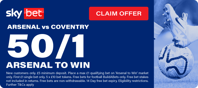 50/1 Arsenal To Win v Coventry