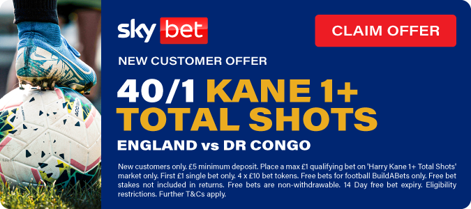 40/1 Kane To Have 1+ Shots - England v DR Congo